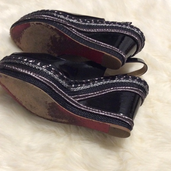 CHRISTIAN LOUBOUTIN Black Patent Wedge SHOES size 38 Silver trim - Picture 5 of 8